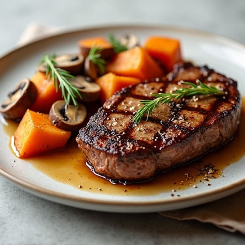 Pan-Seared Steak with Roasted Sweet Potatoes and Sautéed Mushrooms