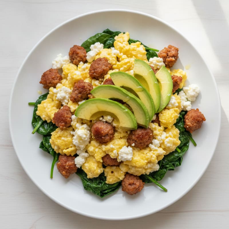Cottage Cheese Scramble with Turkey Sausage and Sautéed Spinach