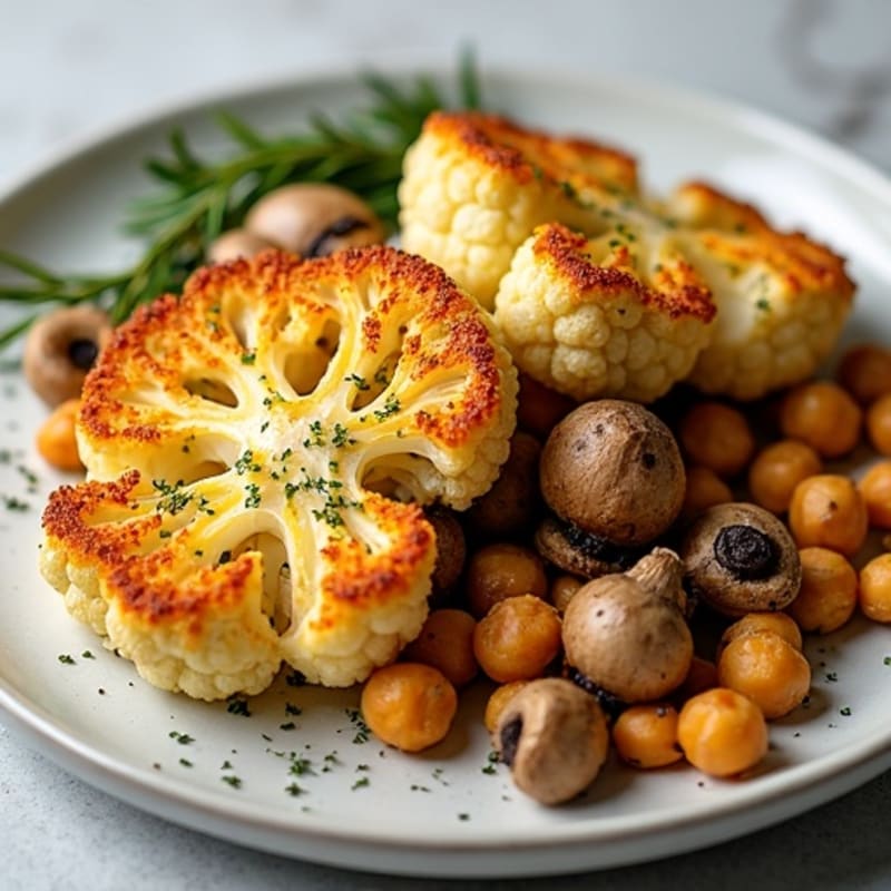 Crispy Cauliflower Steaks with Herb-Roasted Mushrooms
