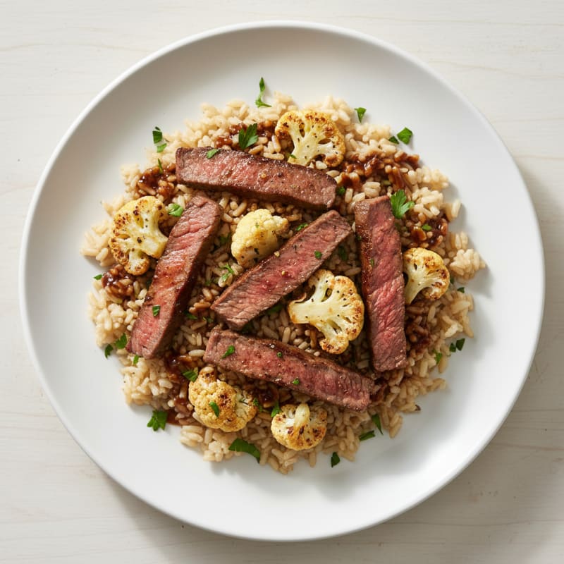 Seared Beef Strips with Roasted Cauliflower and Brown Rice