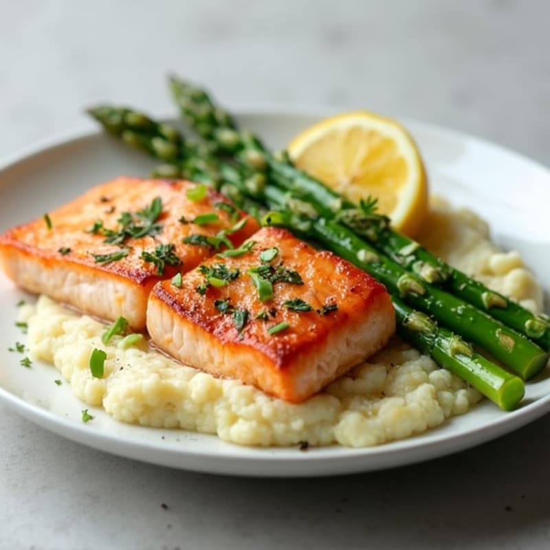 Seared Salmon with Steamed Asparagus and Cauliflower Mash
