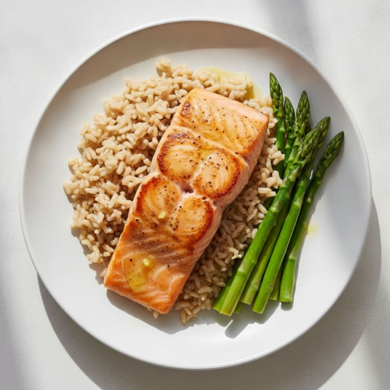 Seared Salmon Fillet with Steamed Asparagus and Brown Rice
