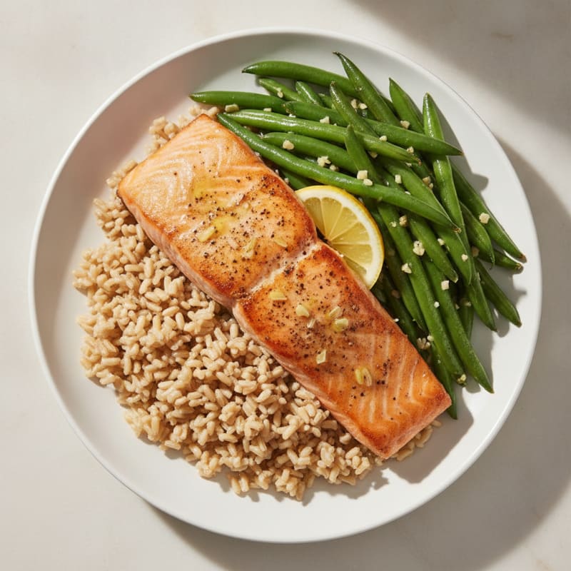 Seared Salmon Filet with Garlic Green Beans and Brown Rice