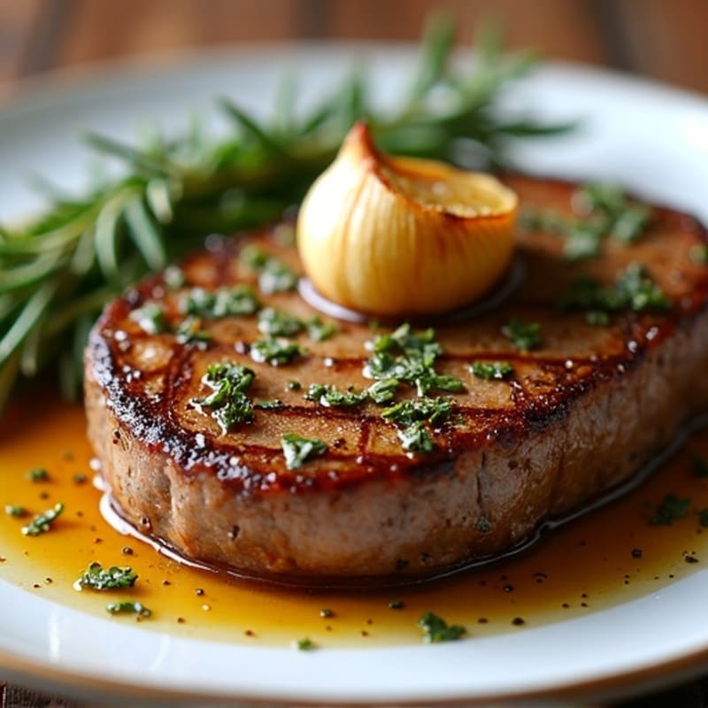 Herb-Crusted Pan Seared Steak with Roasted Garlic