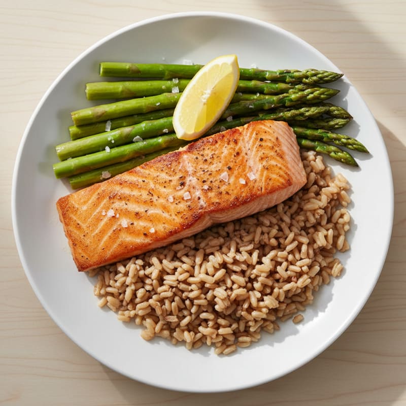 Seared Salmon with Steamed Asparagus and Brown Rice