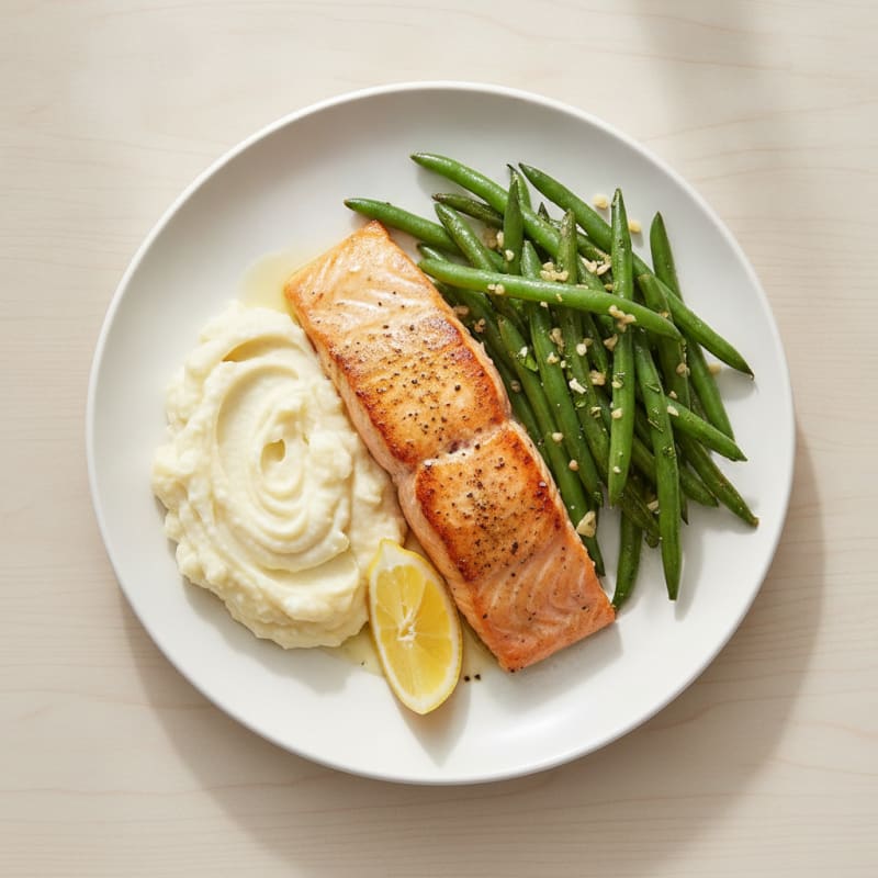 Seared Salmon with Garlic Green Beans and Mashed Cauliflower