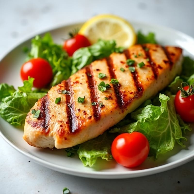 Grilled Chicken Breast with Crisp Romaine and Cherry Tomato Salad