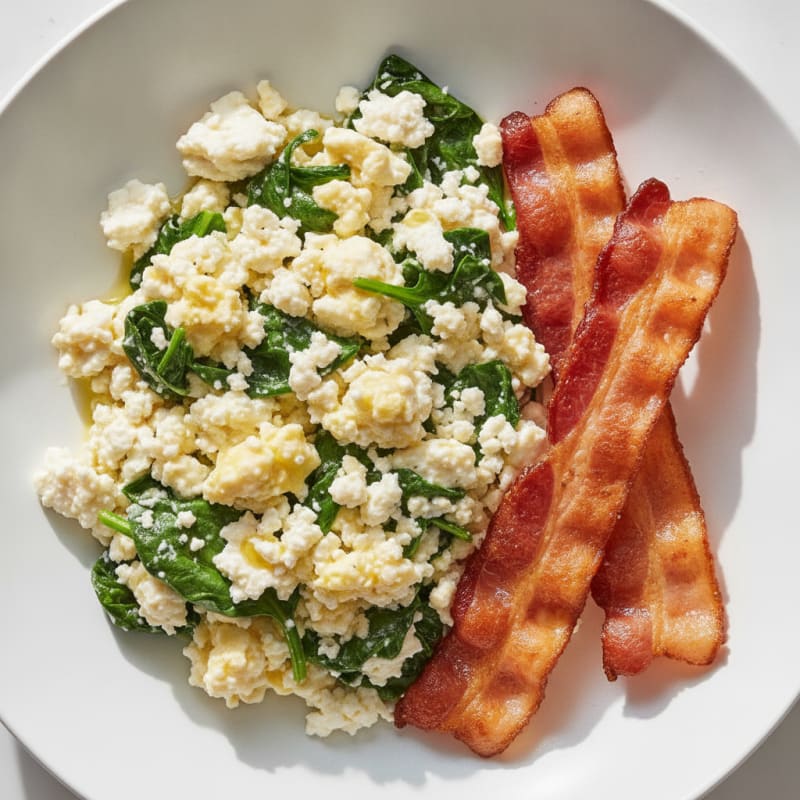 Cottage Cheese Scramble with Turkey Bacon and Spinach