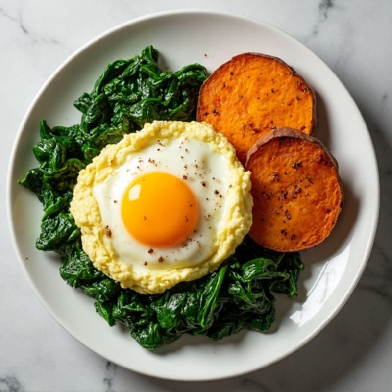 Fluffy Scrambled Eggs with Sautéed Spinach and Roasted Sweet Potato