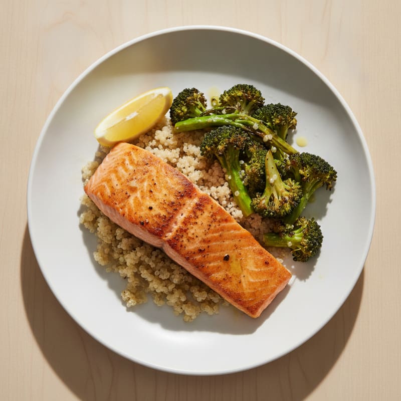 Seared Salmon Fillet with Roasted Broccoli and Quinoa