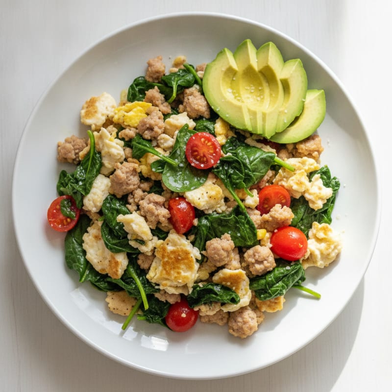 Egg White and Turkey Sausage Scramble with Sautéed Spinach