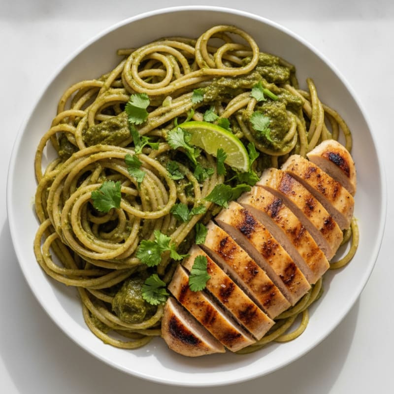 Creamy Roasted Poblano Spaghetti Verde with Grilled Chicken