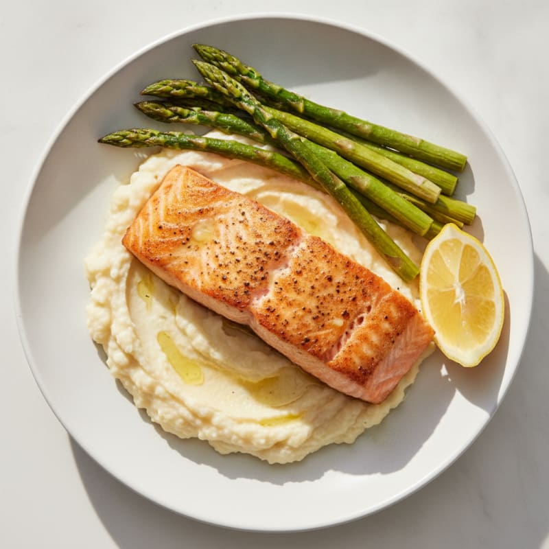 Seared Salmon with Roasted Asparagus and Cauliflower Mash