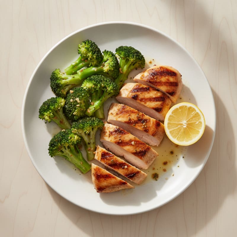 Grilled Chicken Breast with Steamed Broccoli and Lemon