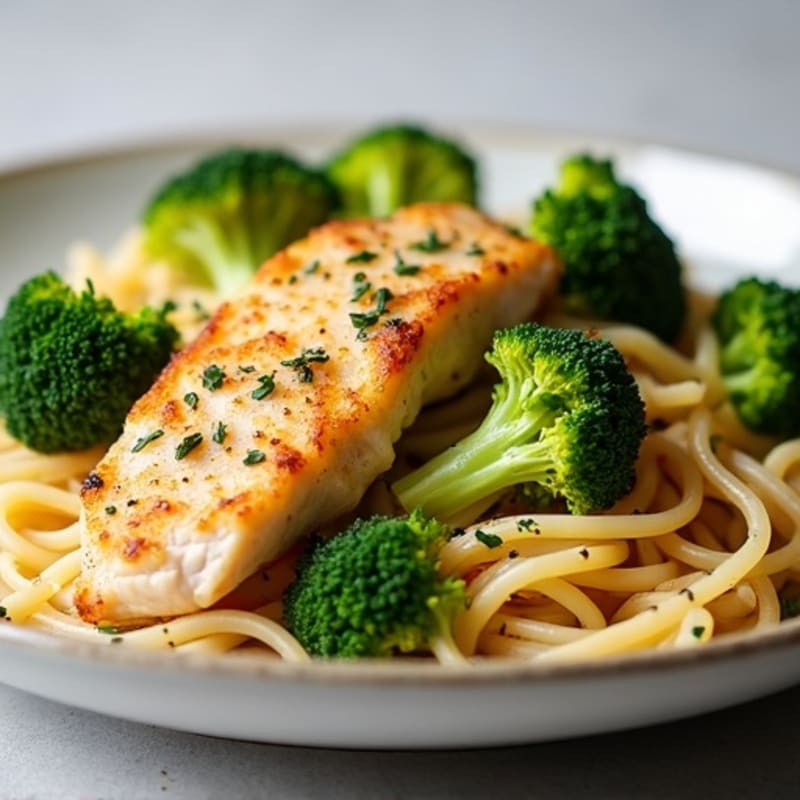 Tender Lemon Garlic Chicken Pieces with Whole Wheat Linguine and Crispy Roasted Broccoli