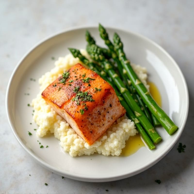 Seared Salmon with Steamed Asparagus and Cauliflower Mash