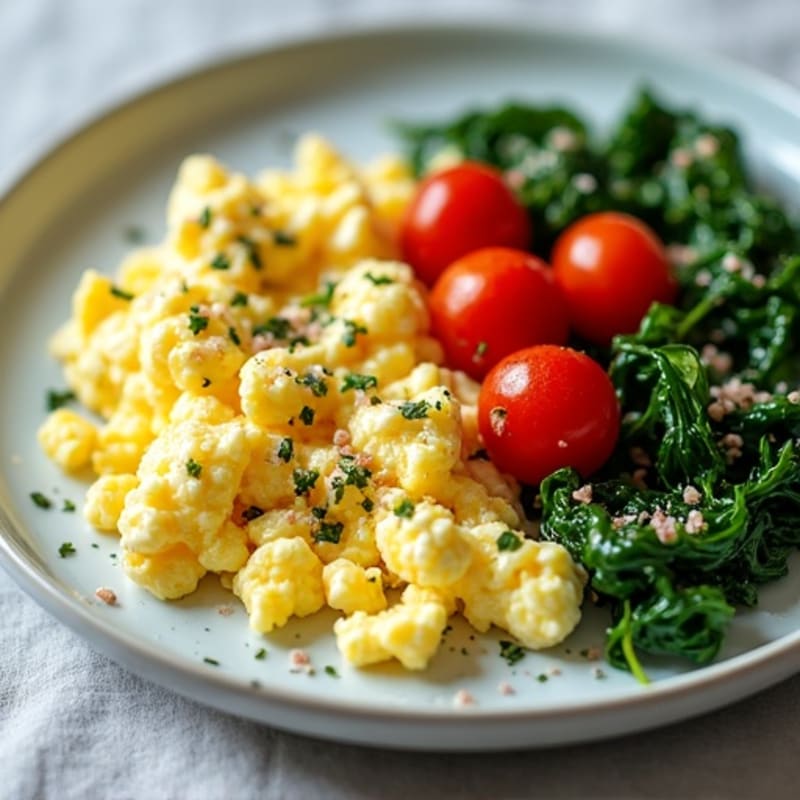 Cottage Cheese Egg Scramble with Sautéed Spinach and Cherry Tomatoes