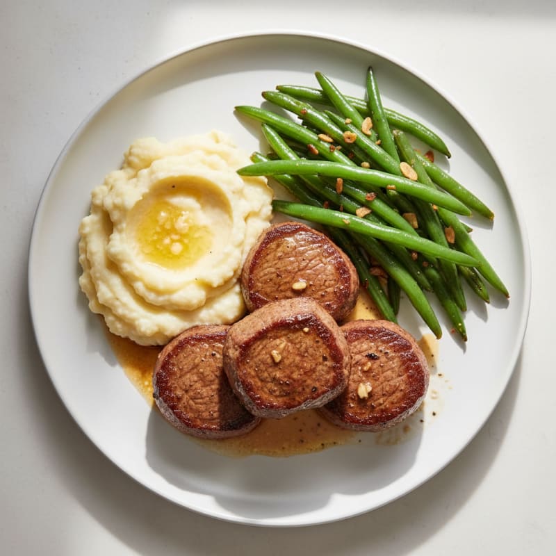 Seared Beef Tenderloin with Garlic Green Beans and Mashed Cauliflower