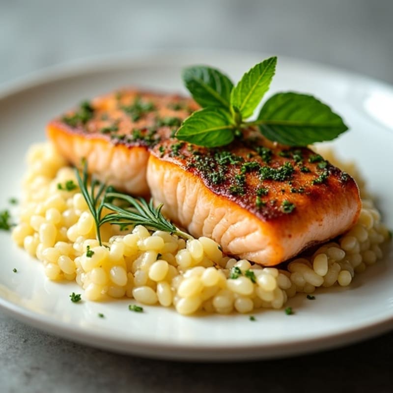 Herb-Crusted Pan Seared Salmon with Creamy Lemon Risotto