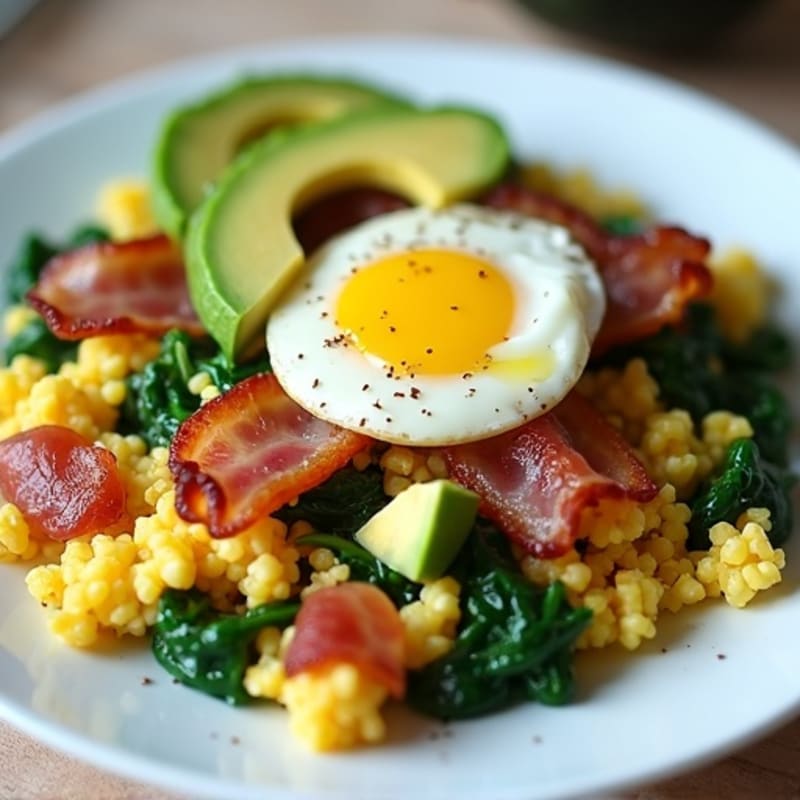 Cottage Cheese and Spinach Egg White Scramble with Turkey Bacon