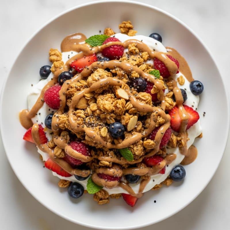 Greek Yogurt Parfait with Mixed Berries and Almond Butter Granola