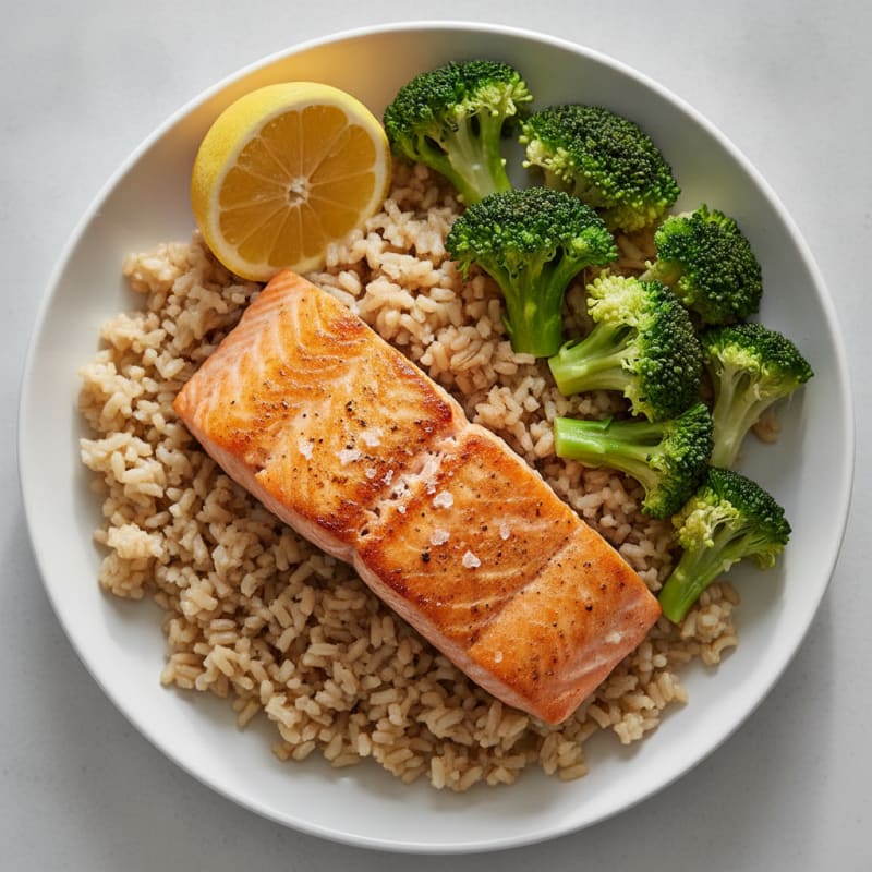 Seared Salmon with Steamed Broccoli and Brown Rice