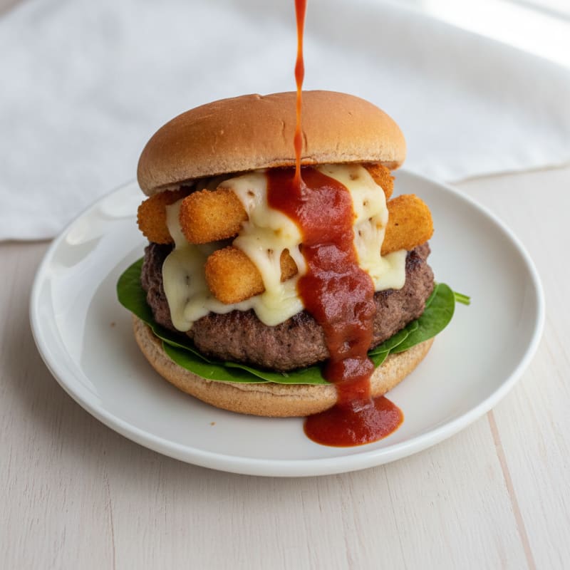 Mozzarella Stick Beef Burger with Marinara