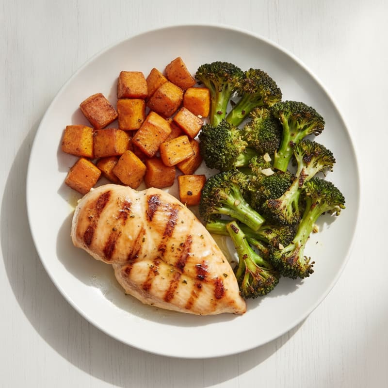 Grilled Chicken Breast with Roasted Sweet Potatoes and Broccoli