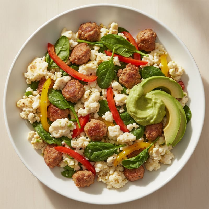 Egg White and Turkey Sausage Scramble with Spinach and Peppers