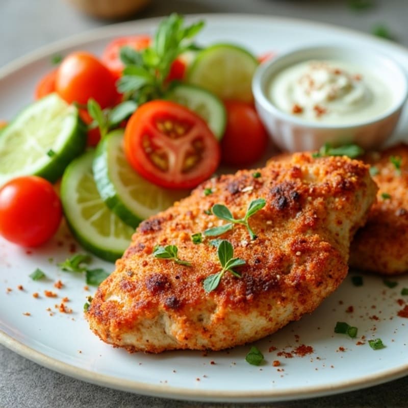 Crispy Spiced Chicken with Fresh Cucumber-Tomato Salad and Creamy Garlic Sauce