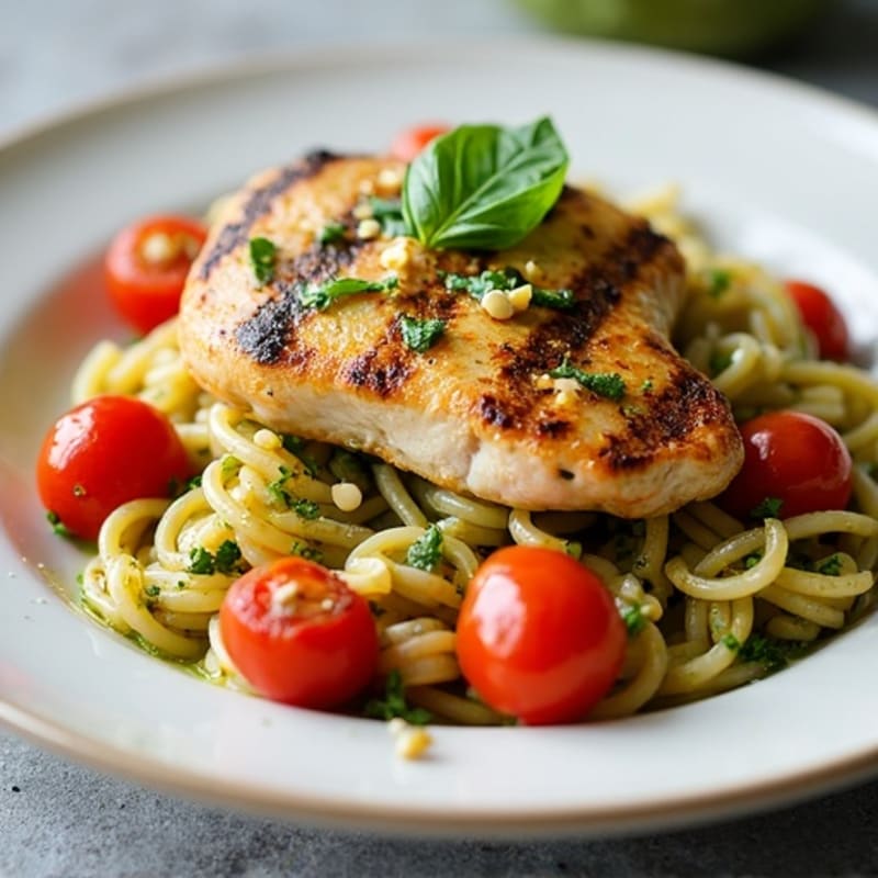 Chicken with Fresh Pesto Whole Wheat Pasta and Roasted Cherry Tomatoes