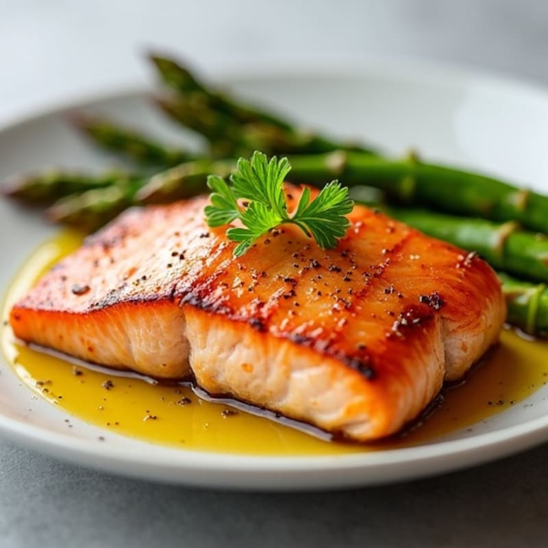Seared Salmon Fillet with Roasted Sweet Potato and Asparagus