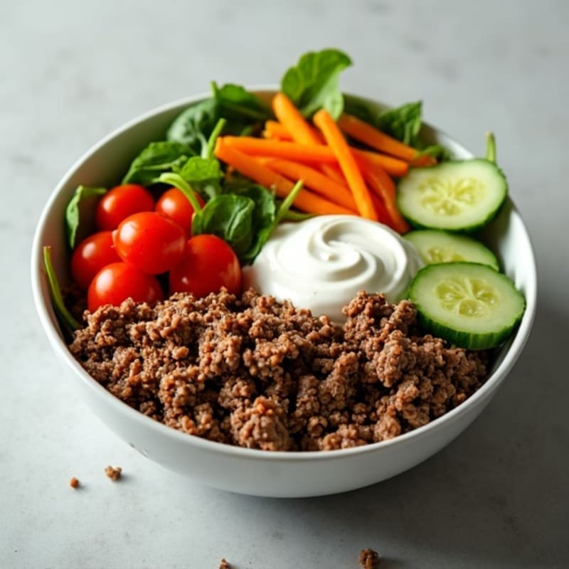 Ground Beef and Fresh Veggie Bowl with Creamy Tangy Dressing