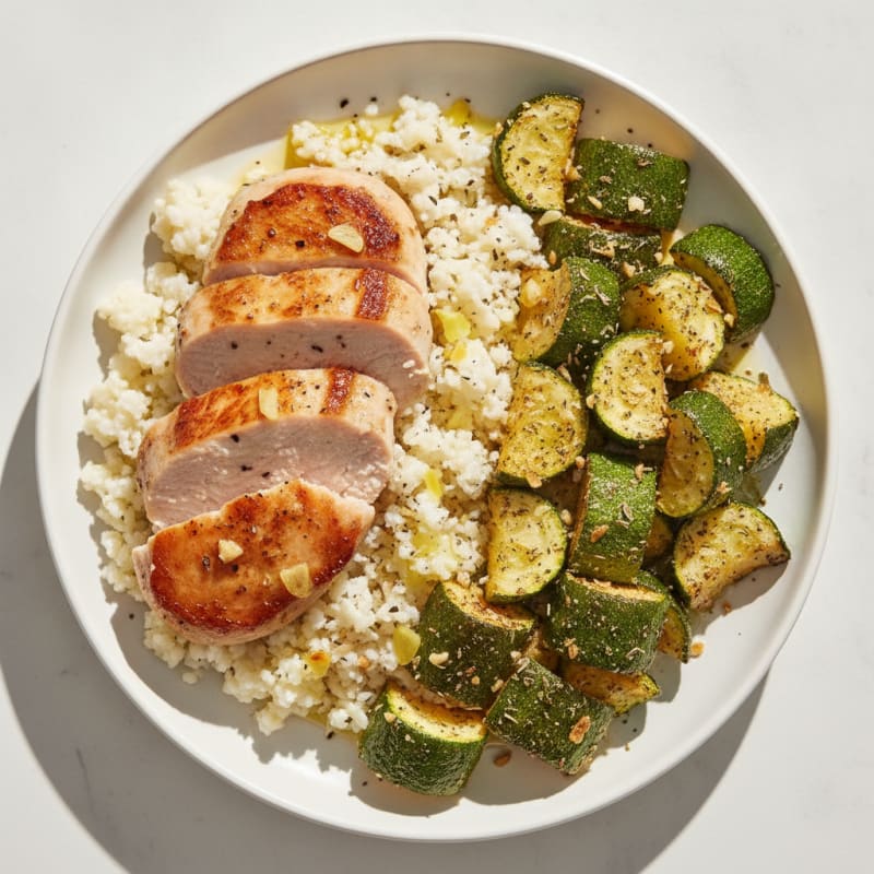 Seared Turkey Breast with Roasted Zucchini and Cauliflower Rice