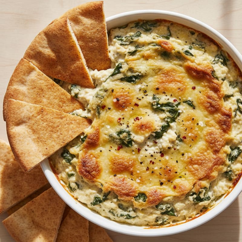 Baked Spinach Artichoke Dip with Toasted Pita