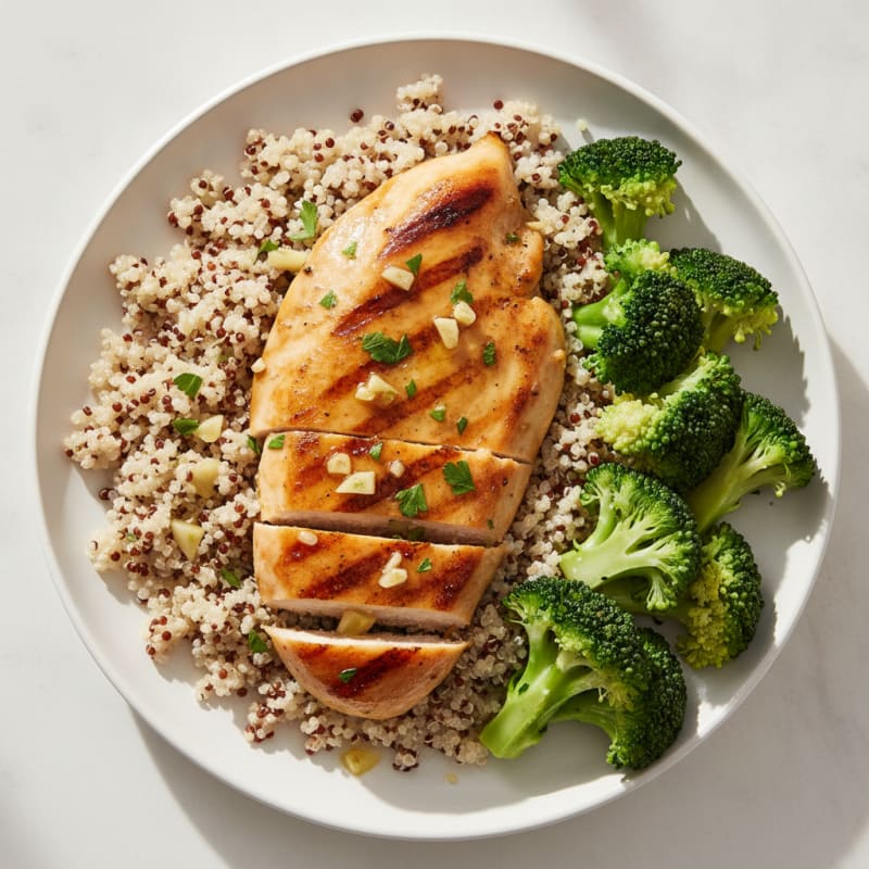 Grilled Lemon Garlic Chicken Breast with Steamed Broccoli and Quinoa