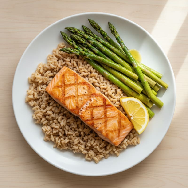 Seared Salmon with Steamed Asparagus and Brown Rice