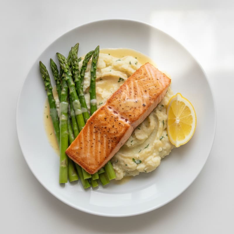 Seared Salmon with Steamed Asparagus and Garlic Cauliflower Mash
