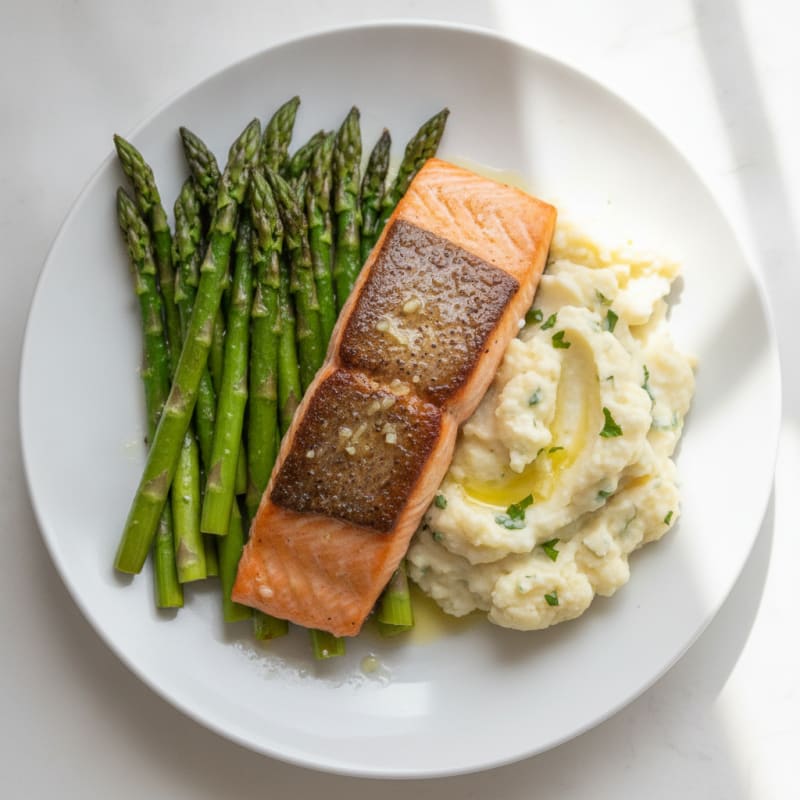 Seared Salmon with Roasted Asparagus and Garlic Mashed Cauliflower
