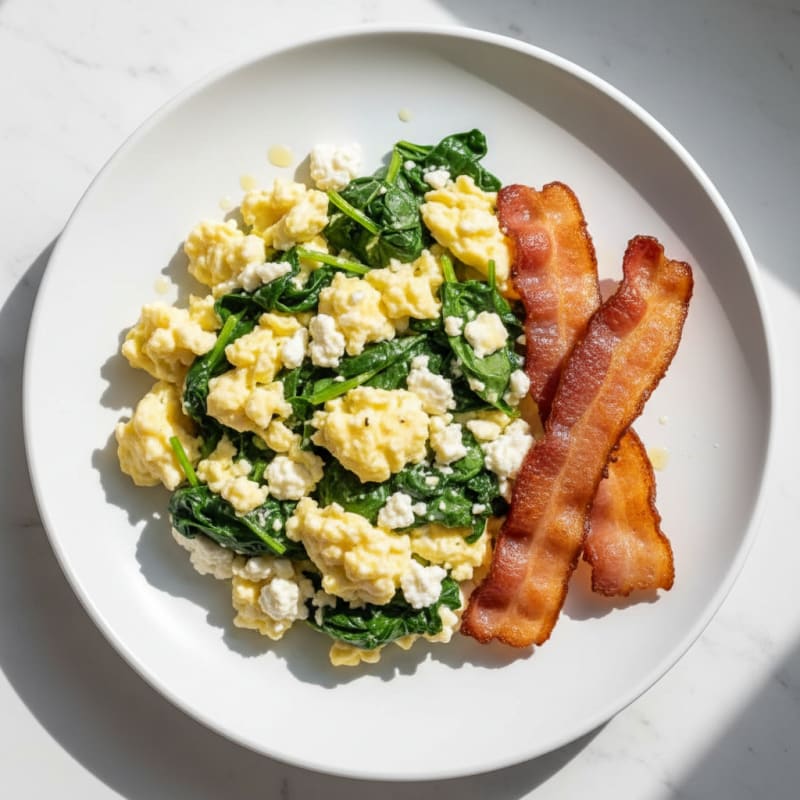 Cottage Cheese Egg Scramble with Spinach and Turkey Bacon