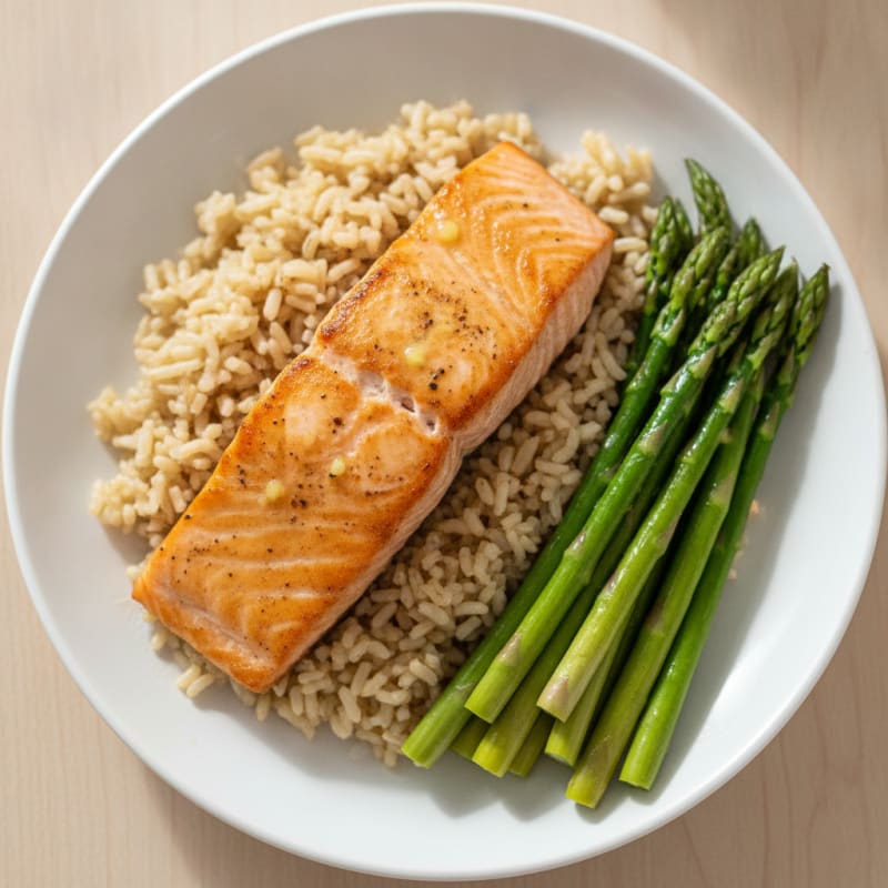 Seared Salmon Fillet with Steamed Asparagus and Brown Rice