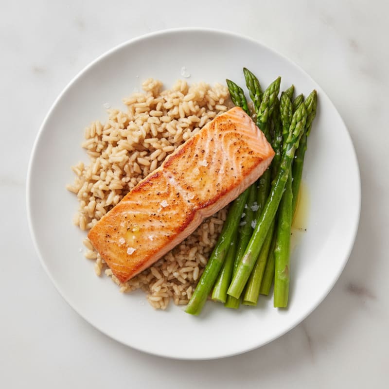 Seared Salmon with Steamed Asparagus and Brown Rice
