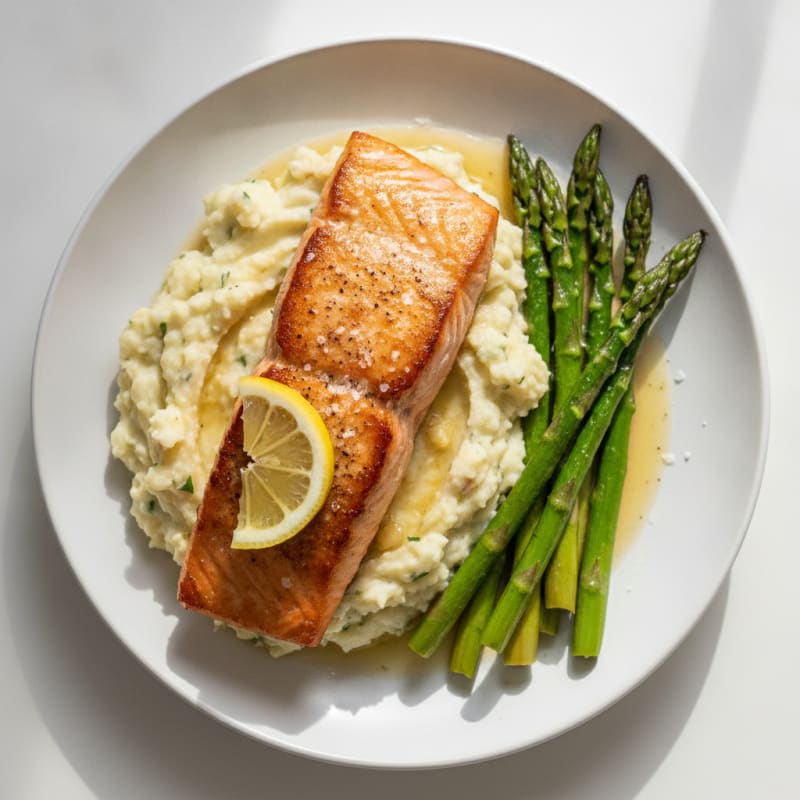 Seared Salmon with Creamy Garlic Mashed Potatoes and Asparagus