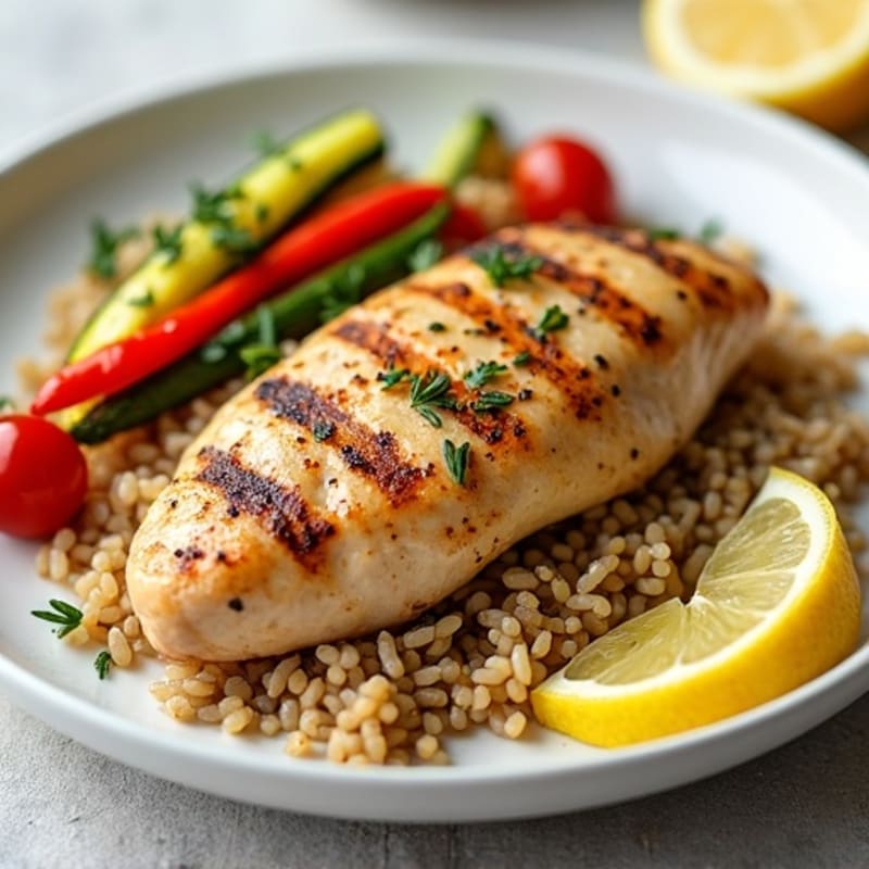 Herb-Citrus Grilled Chicken with Garden Vegetables and Brown Rice