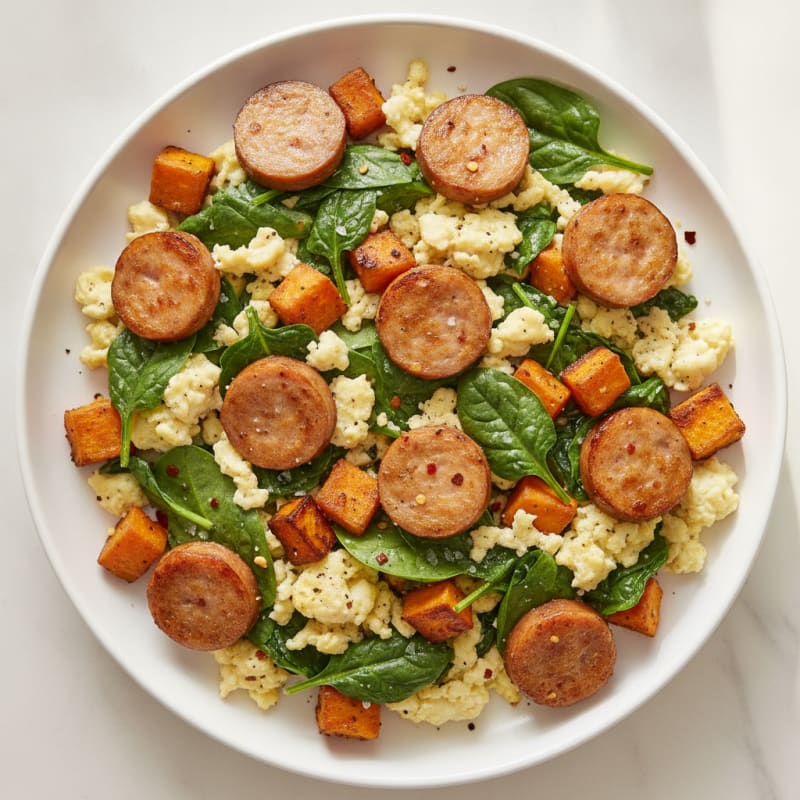 Crispy Turkey Sausage and Egg White Scramble with Spinach