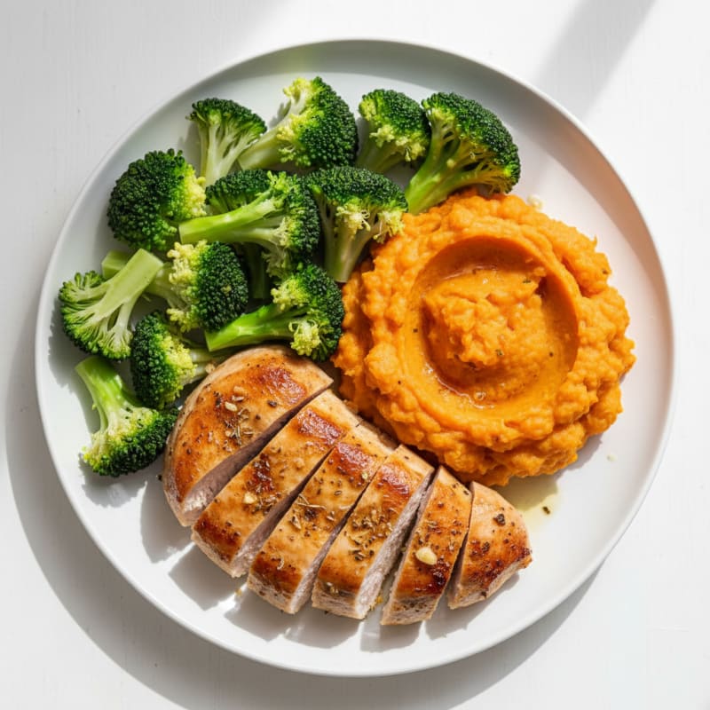 Seared Turkey Breast with Steamed Broccoli and Sweet Potato Mash