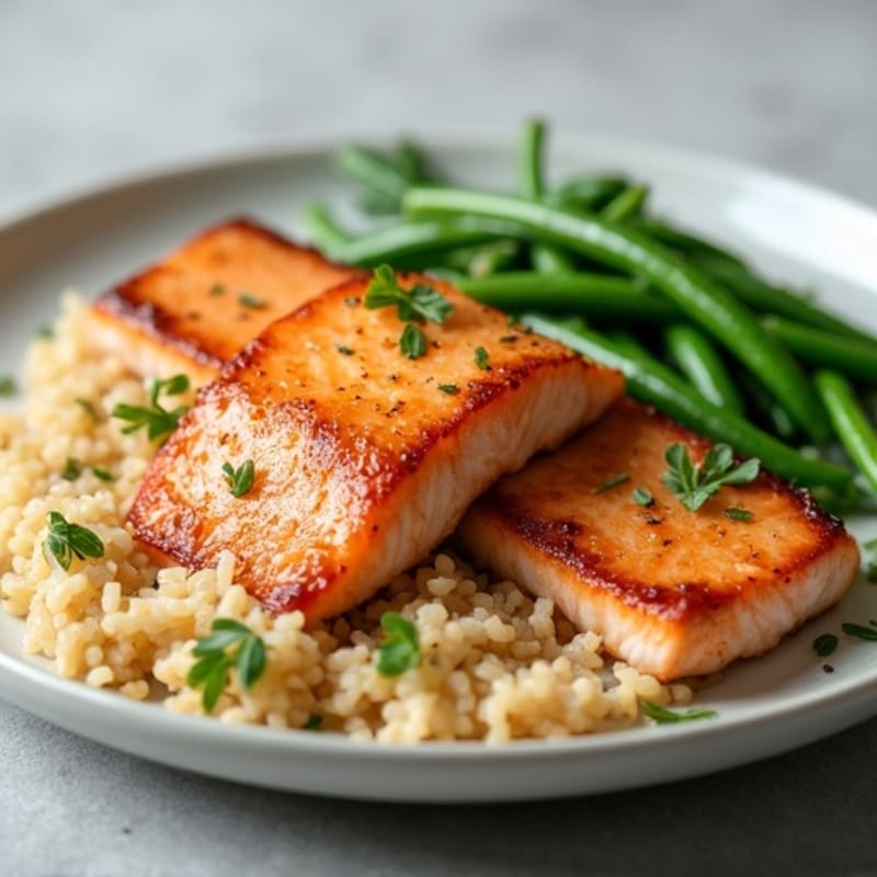 Seared Salmon with Steamed Green Beans and Brown Rice