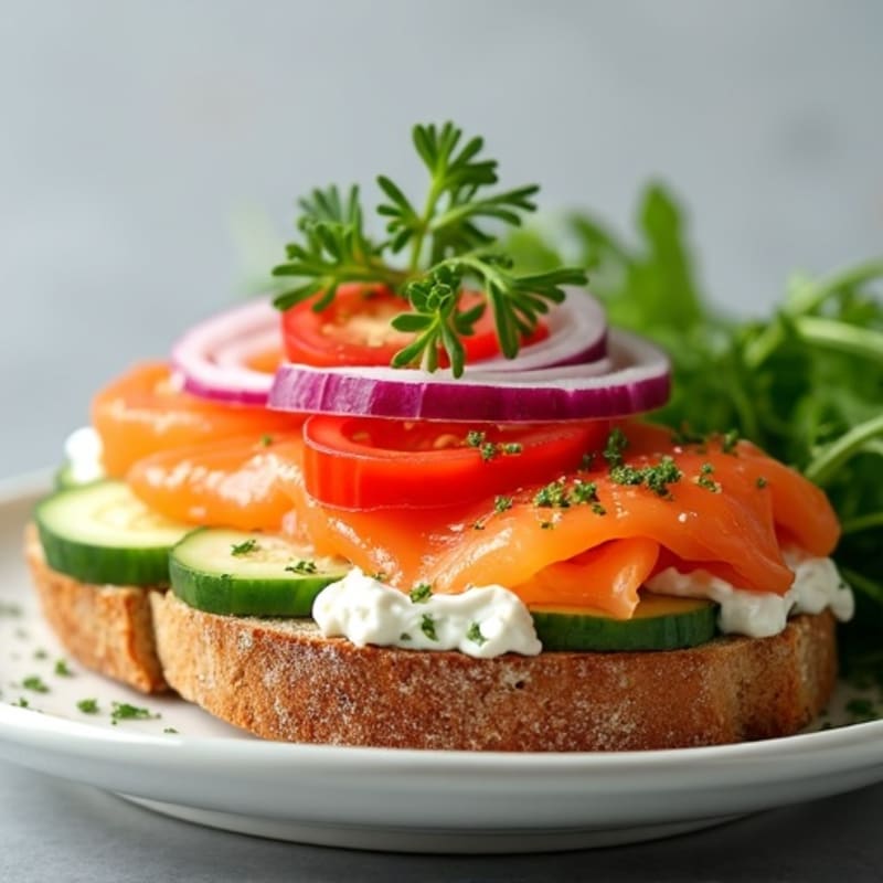 Smoked Salmon with Whipped Herb Cream Cheese and Fresh Veggies on Whole Grain Toast