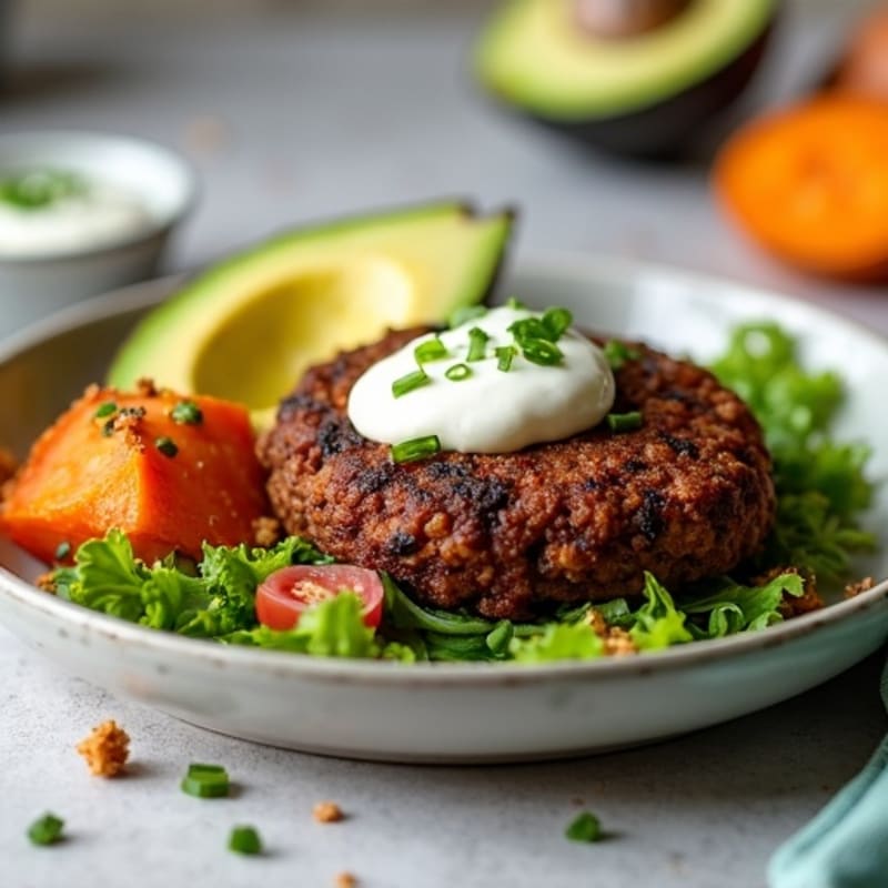 Crispy Smoky Black Bean Burgers with Roasted Sweet Potatoes