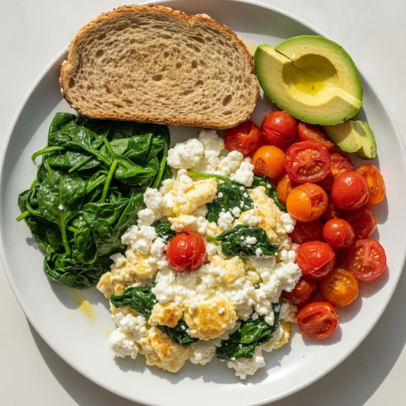 Cottage Cheese Scramble with Sautéed Spinach and Cherry Tomatoes